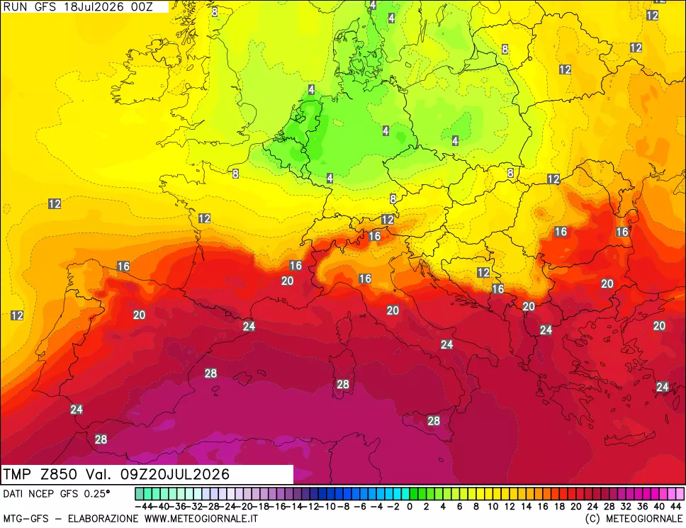 mappa 850 hPa Temp