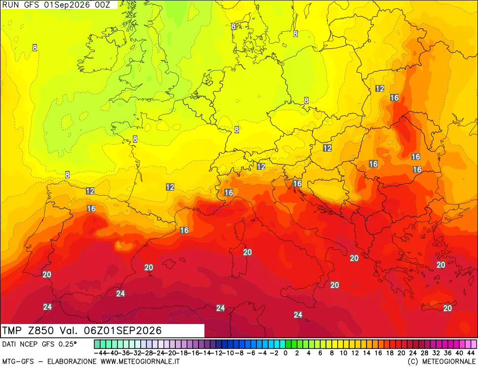 mappa 850 hPa Temp