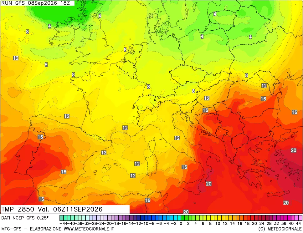 mappa 850 hPa Temp