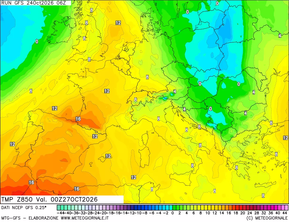 mappa 850 hPa Temp