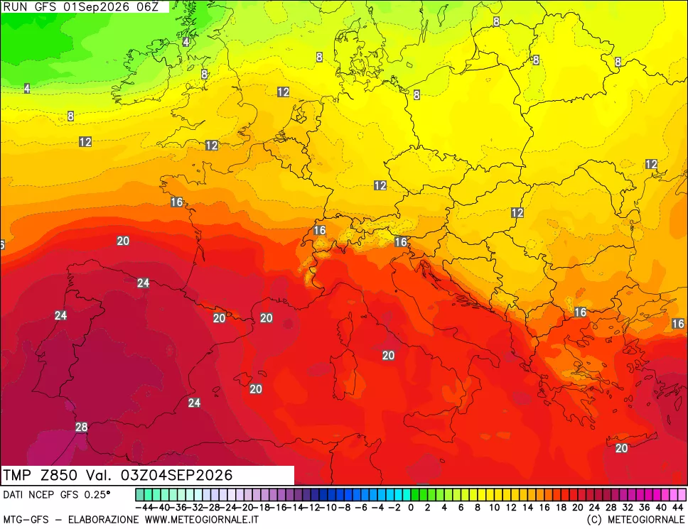 mappa 850 hPa Temp