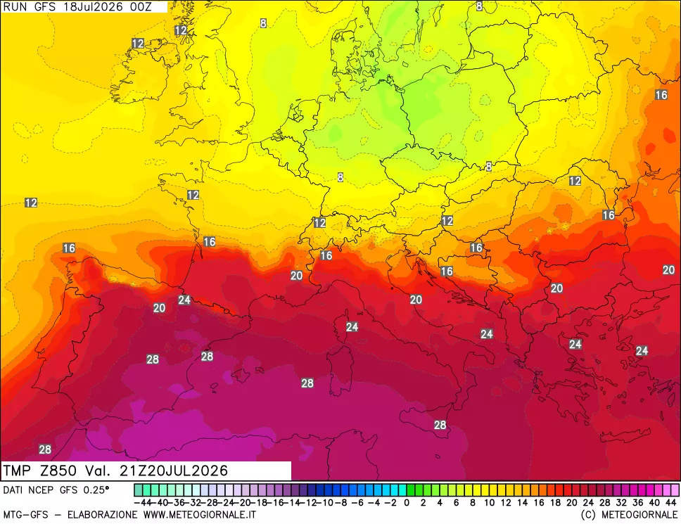 mappa 850 hPa Temp