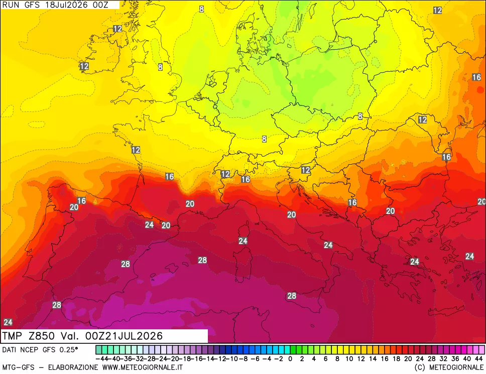 mappa 850 hPa Temp