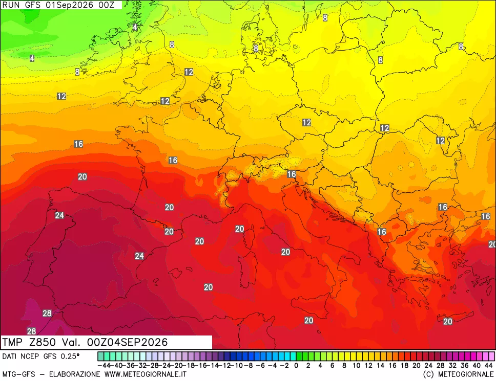 mappa 850 hPa Temp