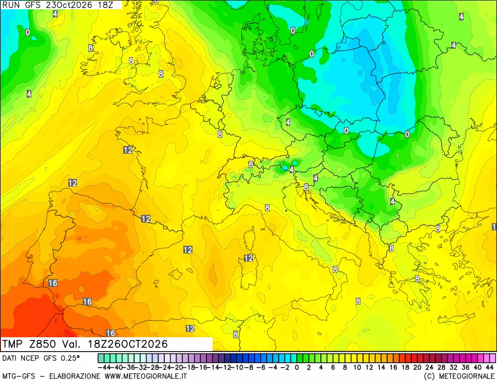 mappa 850 hPa Temp