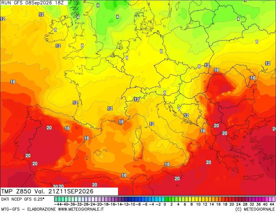 mappa 850 hPa Temp