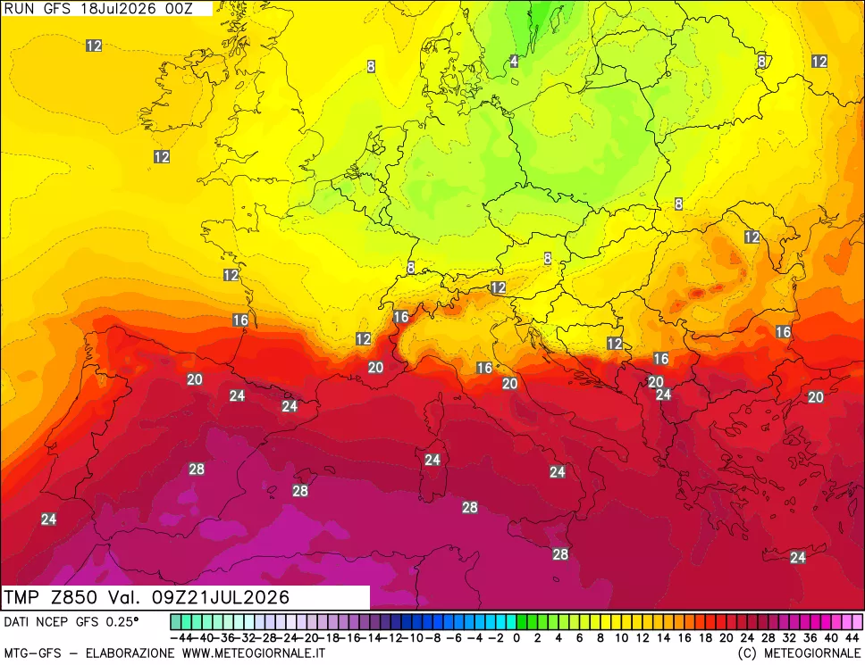mappa 850 hPa Temp