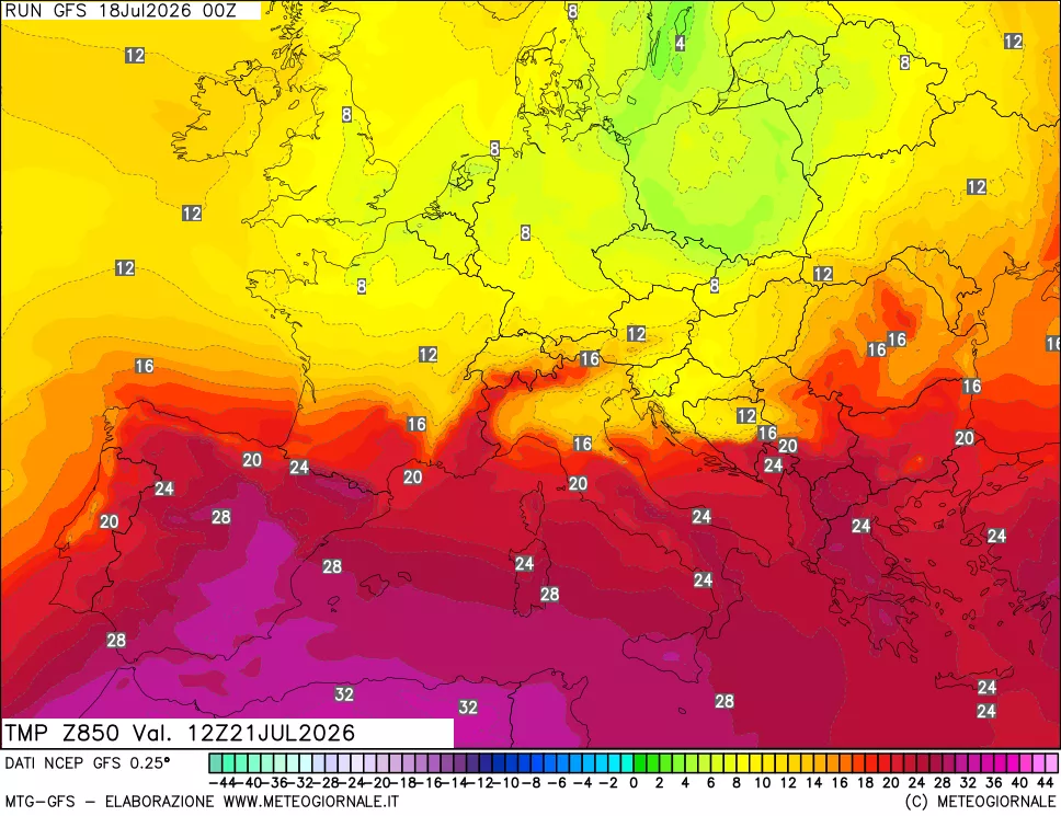 mappa 850 hPa Temp