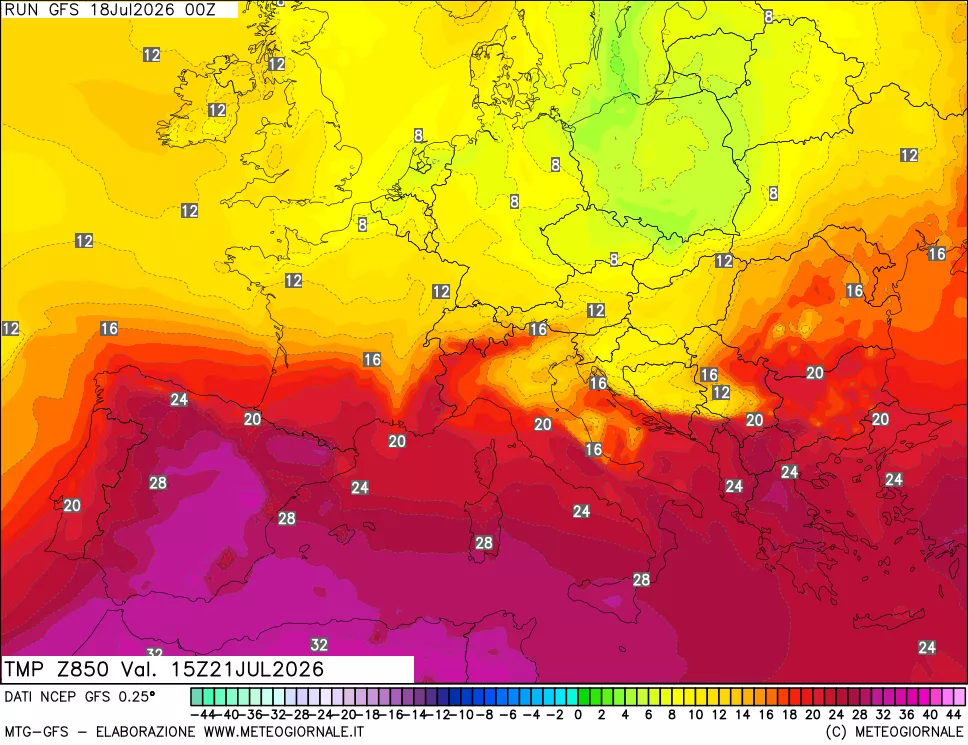 mappa 850 hPa Temp