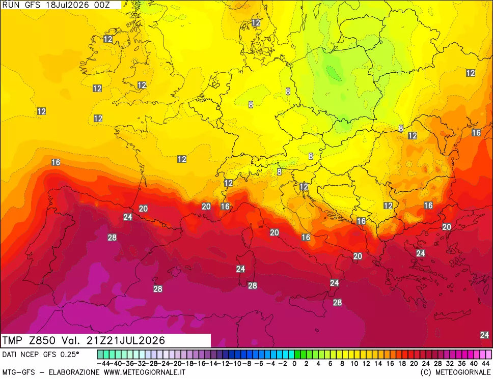 mappa 850 hPa Temp