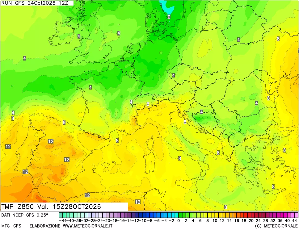 mappa 850 hPa Temp