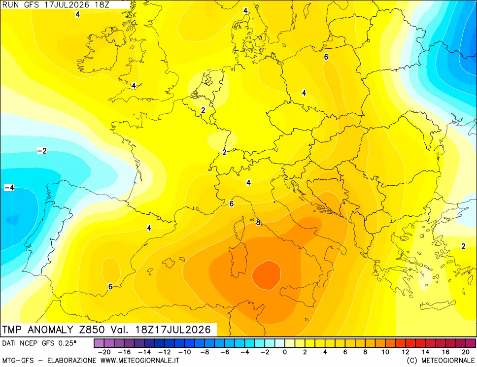 mappa 850 hPa Temp Anomaly vs Cli.No 1981-2010