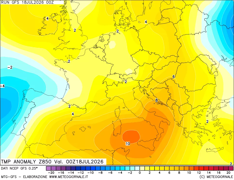 mappa 850 hPa Temp Anomaly vs Cli.No 1981-2010