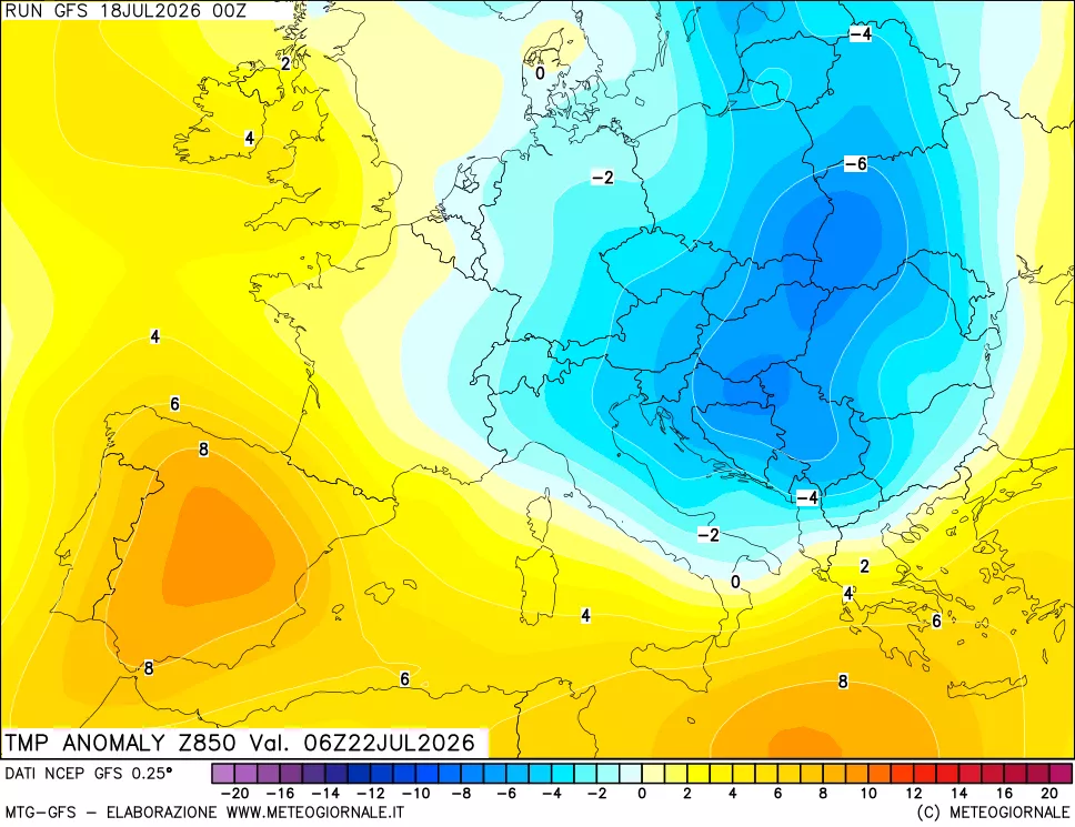 mappa 850 hPa Temp Anomaly vs Cli.No 1981-2010