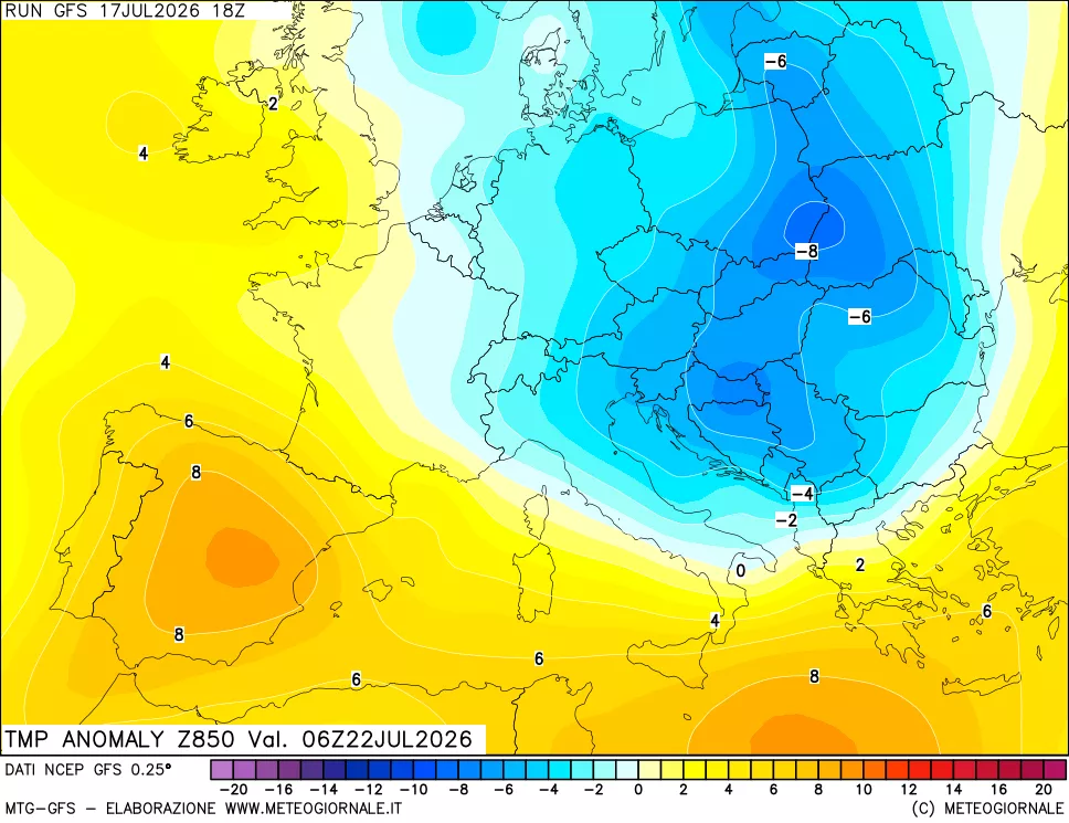 mappa 850 hPa Temp Anomaly vs Cli.No 1981-2010