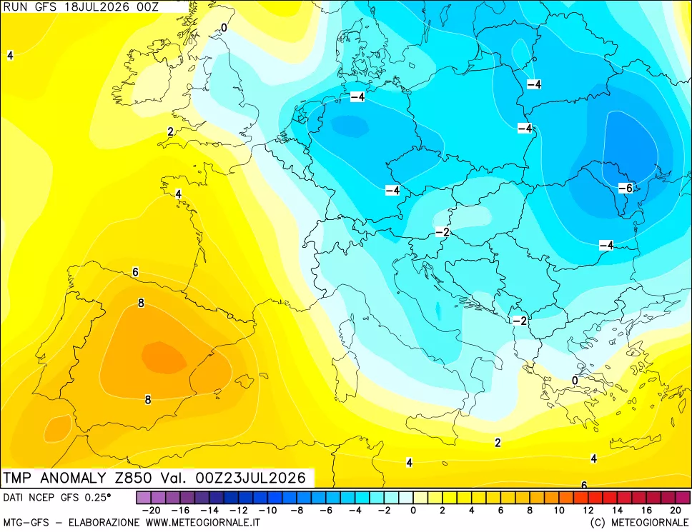 mappa 850 hPa Temp Anomaly vs Cli.No 1981-2010