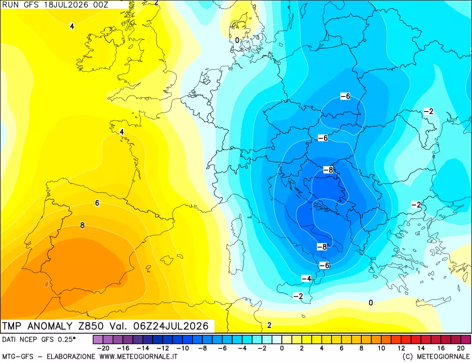 mappa 850 hPa Temp Anomaly vs Cli.No 1981-2010