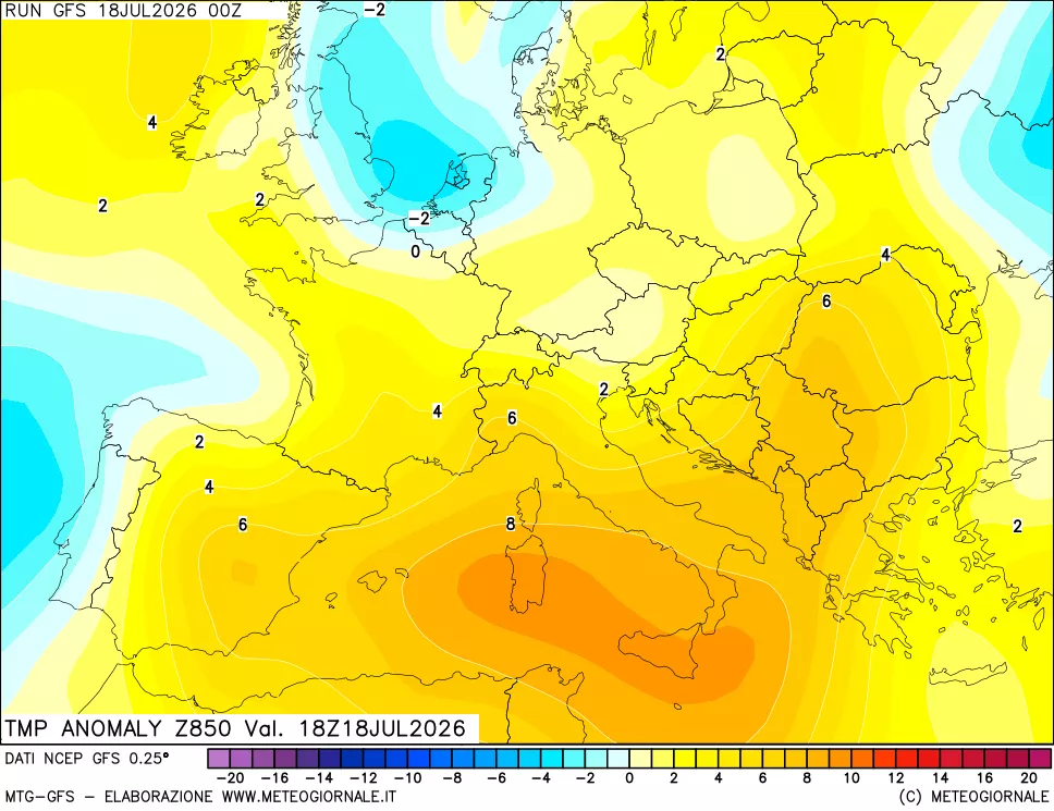 mappa 850 hPa Temp Anomaly vs Cli.No 1981-2010
