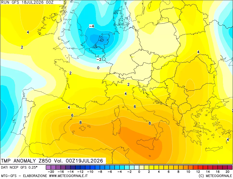 mappa 850 hPa Temp Anomaly vs Cli.No 1981-2010