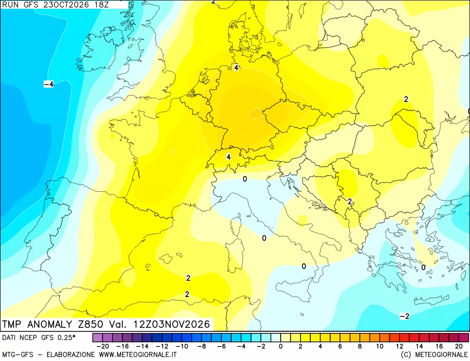 mappa 850 hPa Temp Anomaly vs Cli.No 1981-2010