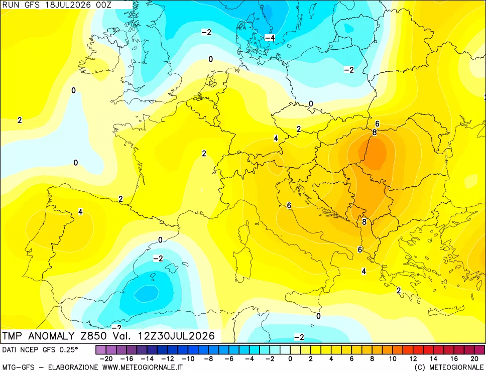 mappa 850 hPa Temp Anomaly vs Cli.No 1981-2010