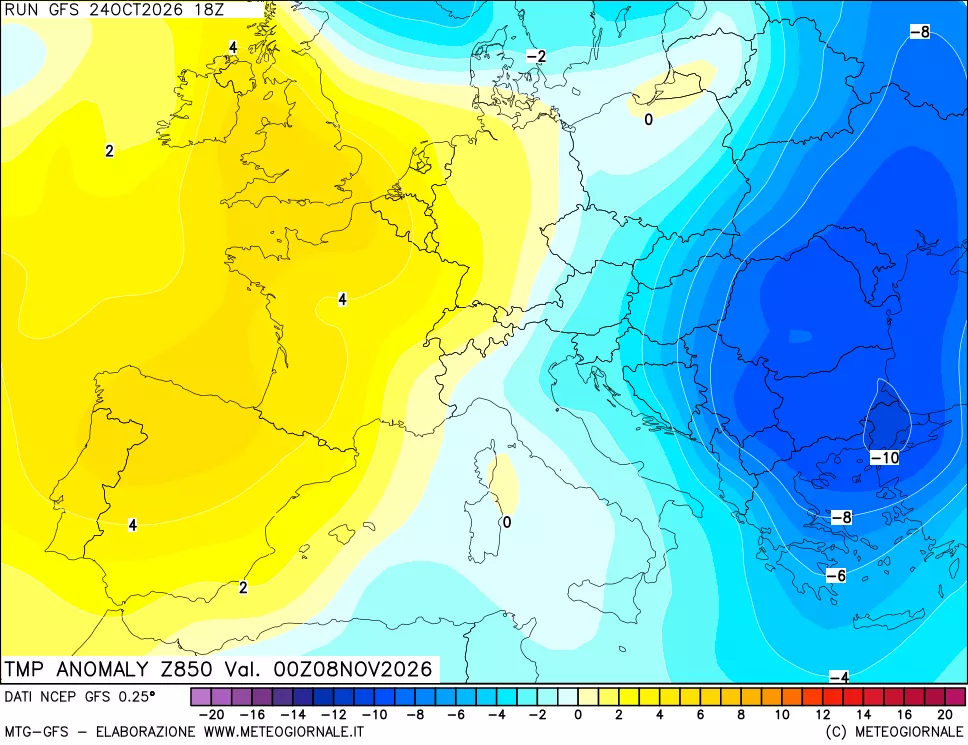 mappa 850 hPa Temp Anomaly vs Cli.No 1981-2010