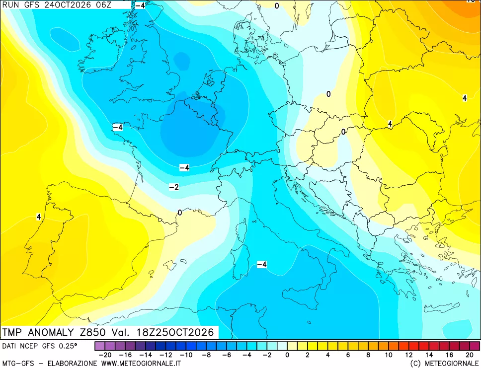 mappa 850 hPa Temp Anomaly vs Cli.No 1981-2010