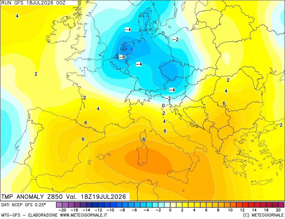mappa 850 hPa Temp Anomaly vs Cli.No 1981-2010