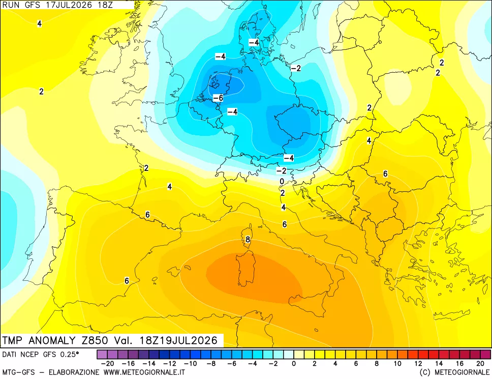 mappa 850 hPa Temp Anomaly vs Cli.No 1981-2010