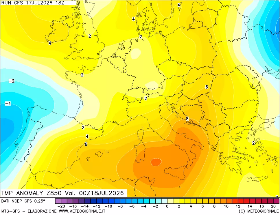 mappa 850 hPa Temp Anomaly vs Cli.No 1981-2010