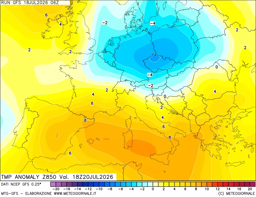 mappa 850 hPa Temp Anomaly vs Cli.No 1981-2010