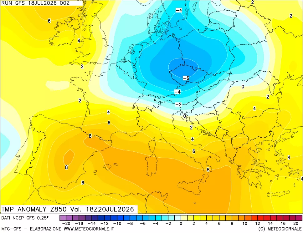 mappa 850 hPa Temp Anomaly vs Cli.No 1981-2010