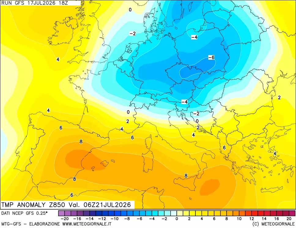 mappa 850 hPa Temp Anomaly vs Cli.No 1981-2010