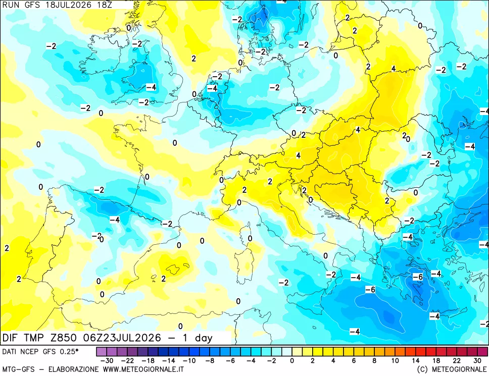 mappa Dif. Temp a 850 hPa Valid - 1 day