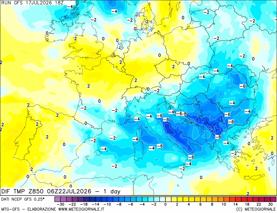 mappa 850 hPA Dif. Temp -24 ore