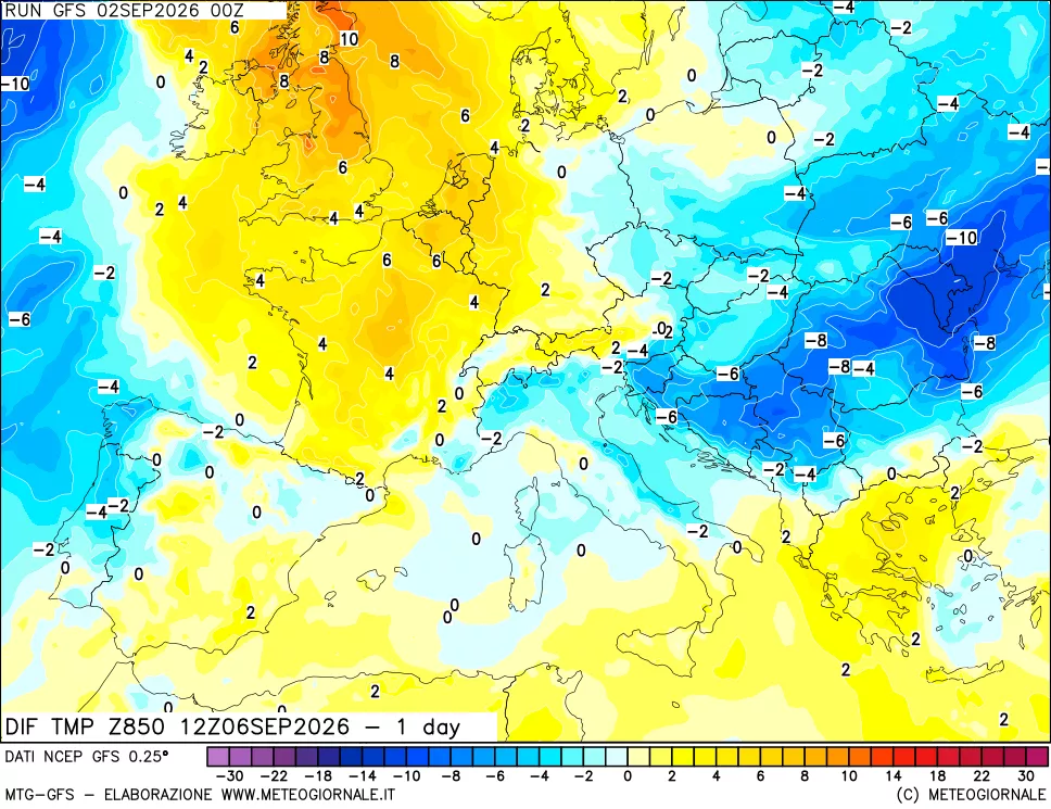 mappa 850 hPA Dif. Temp -24 ore