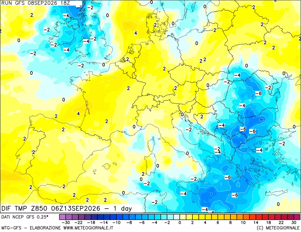 mappa Dif. Temp a 850 hPa Valid - 1 day