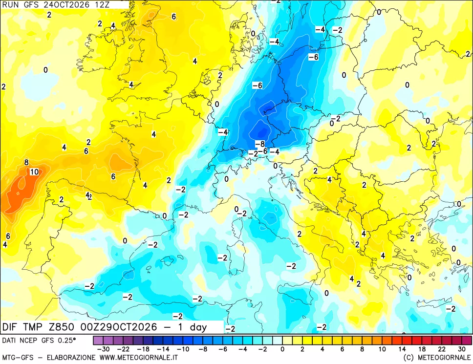 mappa Dif. Temp a 850 hPa Valid - 1 day