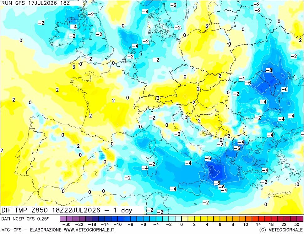 mappa Dif. Temp a 850 hPa Valid - 1 day