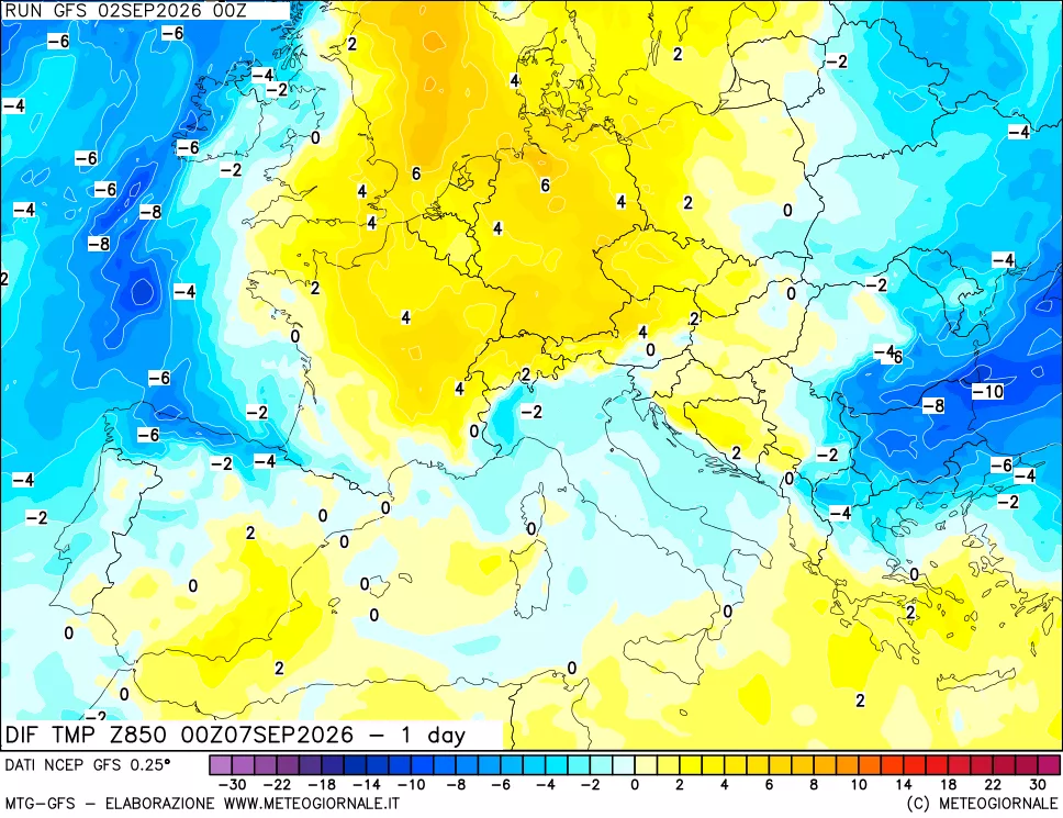 mappa Dif. Temp a 850 hPa Valid - 1 day