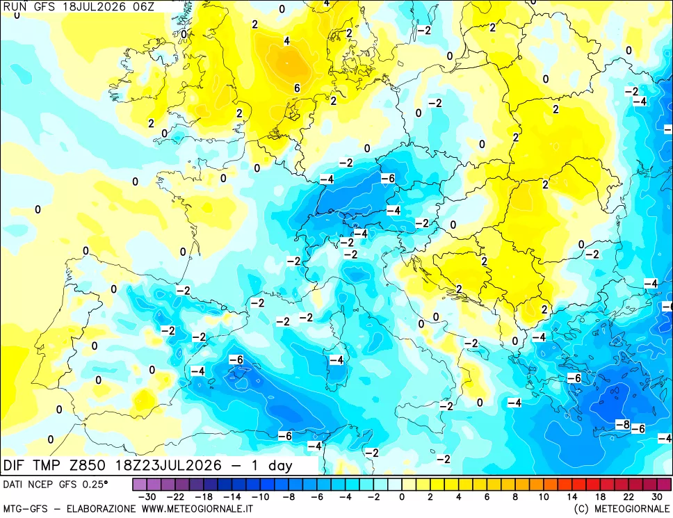 mappa 850 hPA Dif. Temp -24 ore