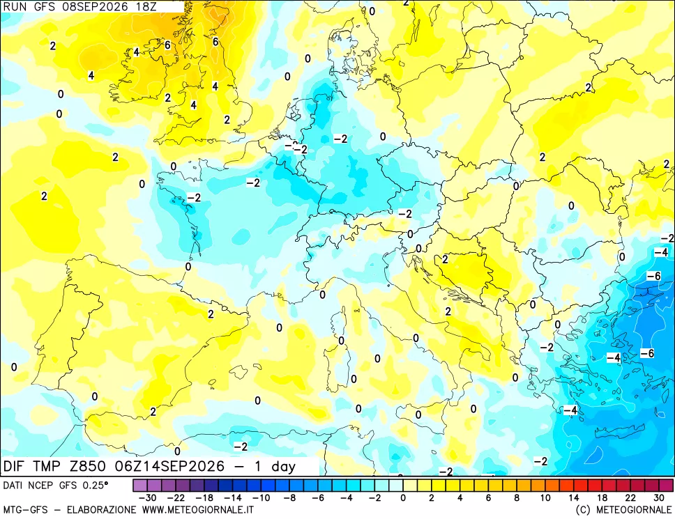 mappa Dif. Temp a 850 hPa Valid - 1 day