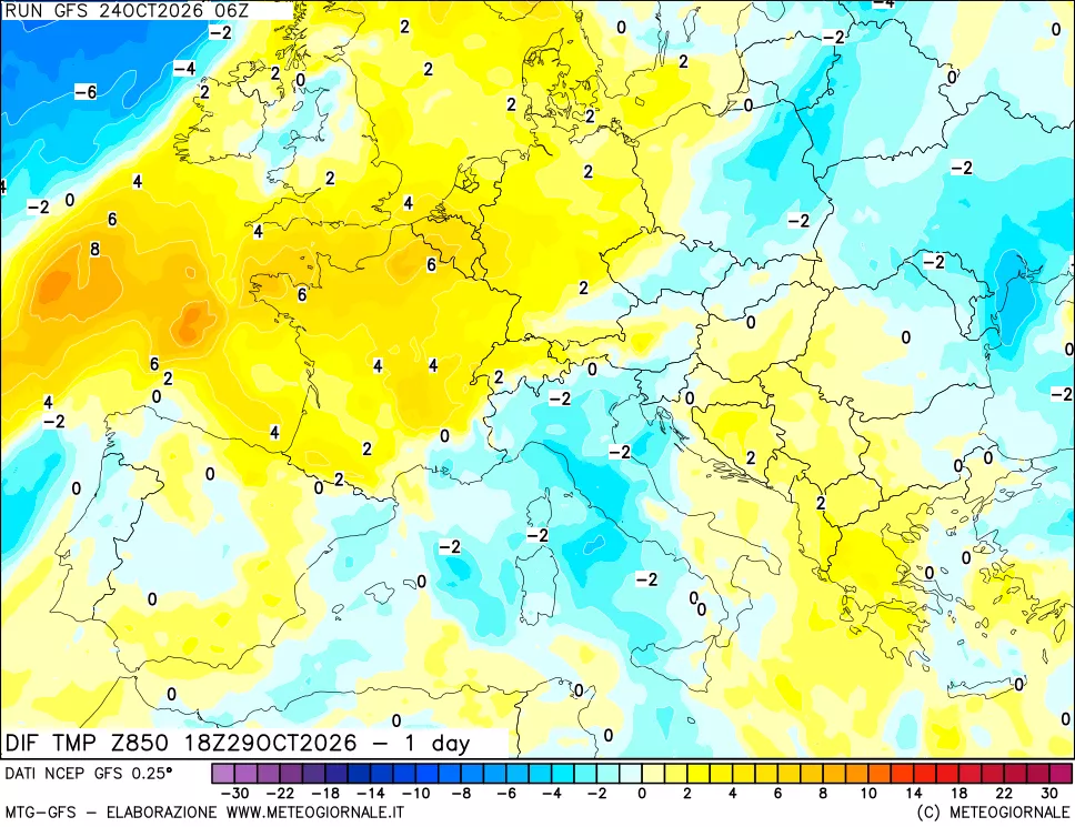 mappa 850 hPA Dif. Temp -24 ore