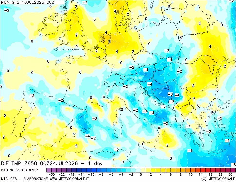 mappa 850 hPA Dif. Temp -24 ore