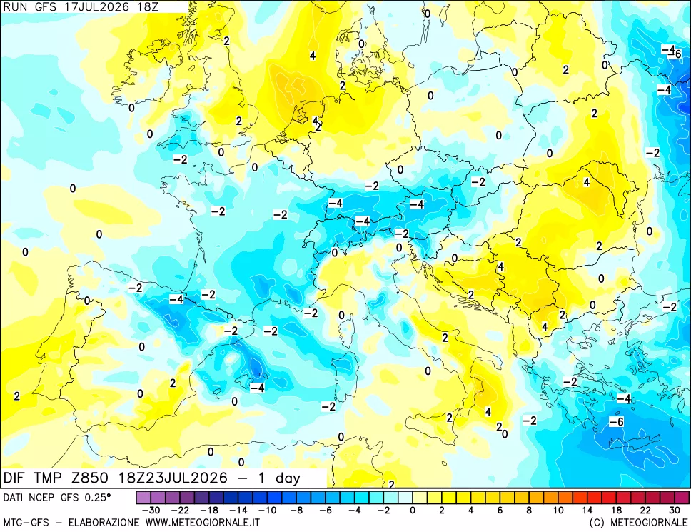 mappa Dif. Temp a 850 hPa Valid - 1 day