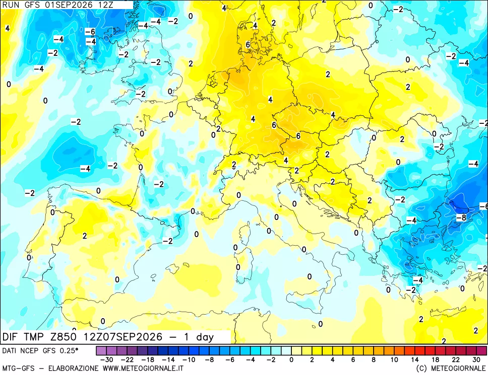 mappa Dif. Temp a 850 hPa Valid - 1 day