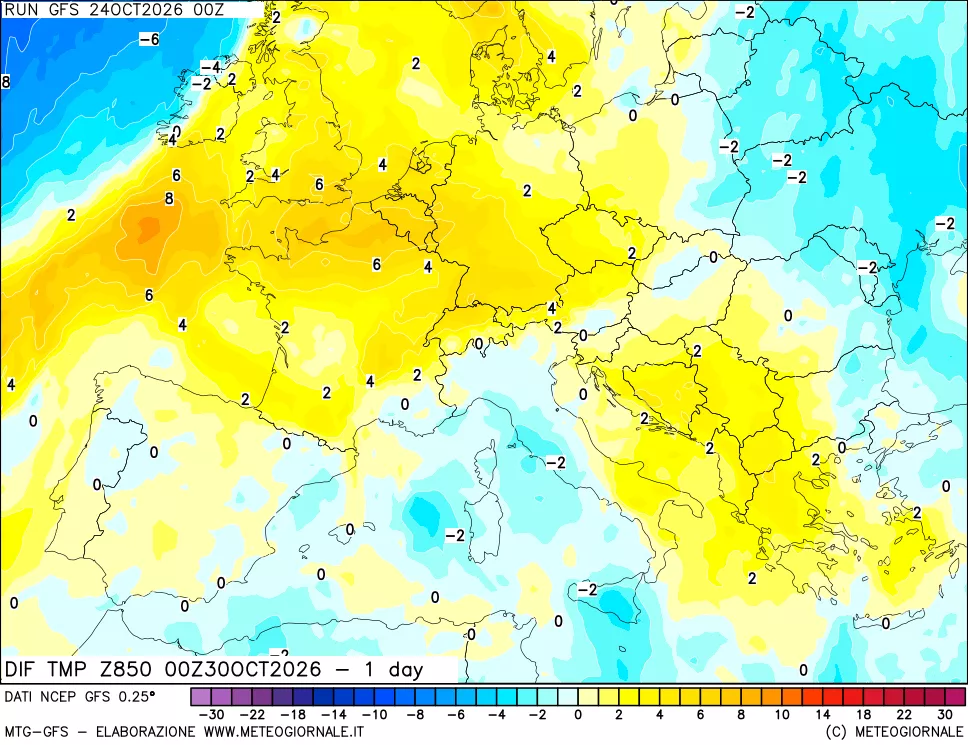 mappa 850 hPA Dif. Temp -24 ore