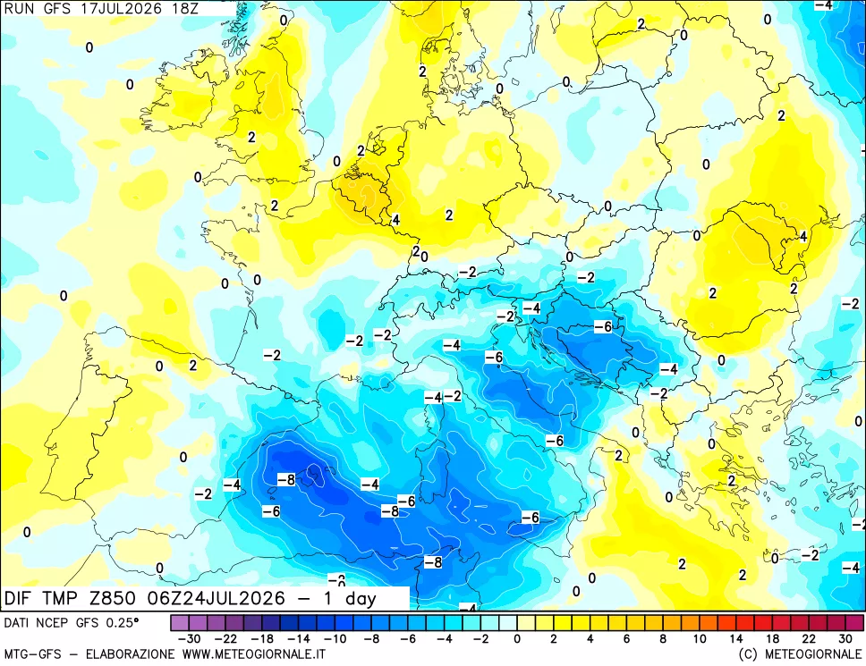 mappa Dif. Temp a 850 hPa Valid - 1 day
