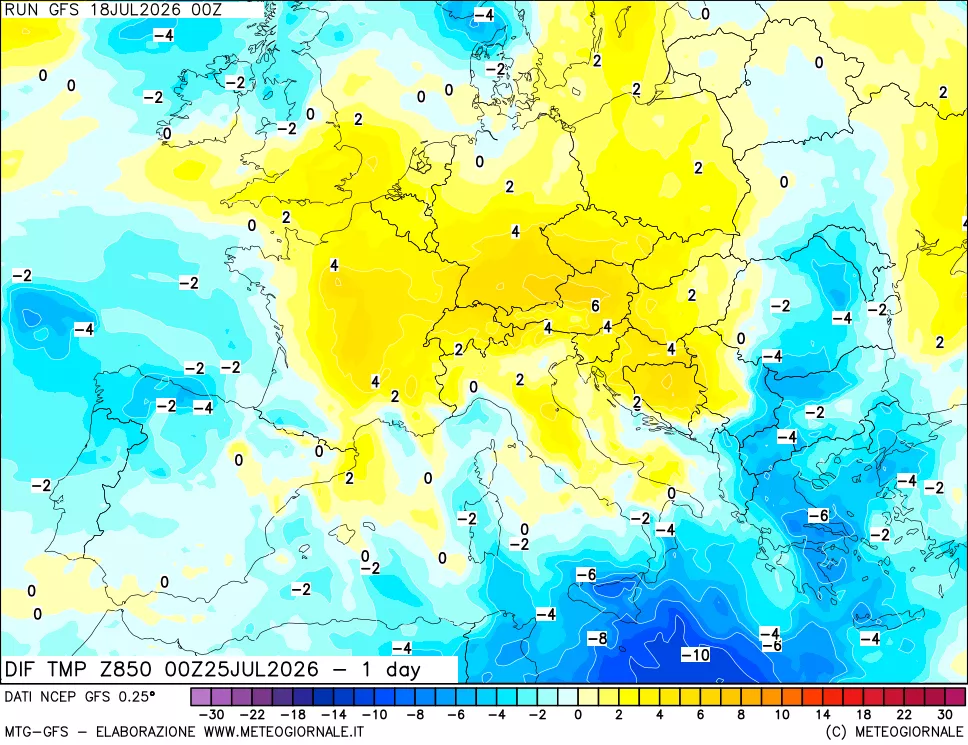 mappa Dif. Temp a 850 hPa Valid - 1 day