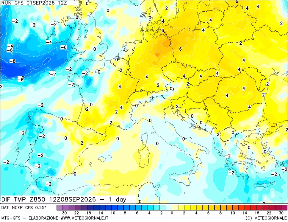 mappa Dif. Temp a 850 hPa Valid - 1 day